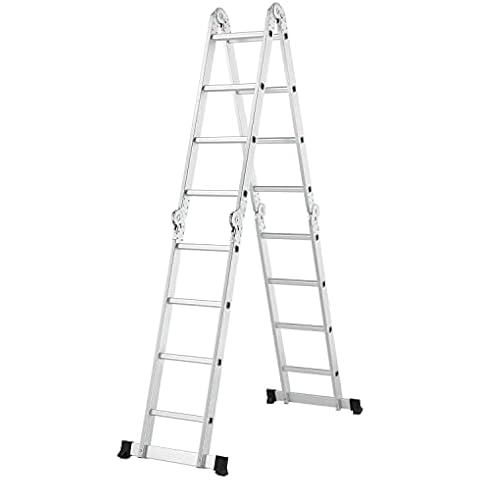 Juskys Aluminium Multifunktionsleiter 4x4 Stufen - 4,7 m Länge klappbar — Leiter 4-teilig bis 150 kg - Gelenkleiter Klappleiter Stehleiter Aluleiter Cover