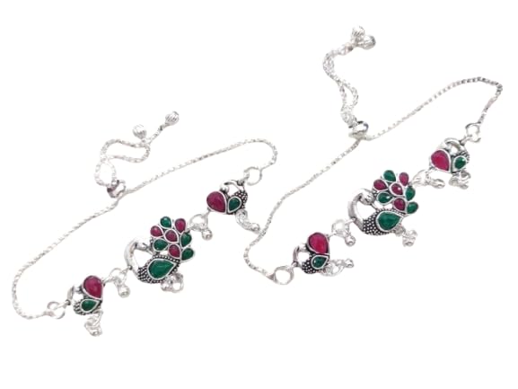modeva "elevate your essence" Traditional Silver-Plated Peacock Anklets with Red and Green Stones, Ethnic Design, Women'S Fashion Jewellery-picture-19