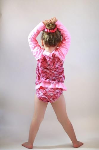 Image of UNIFACO Girls' Long Sleeve Rashguard Two Piece Pink Mermaid Swim Set Ruffles Bottom Designed with UPF 50+ Sun Protection