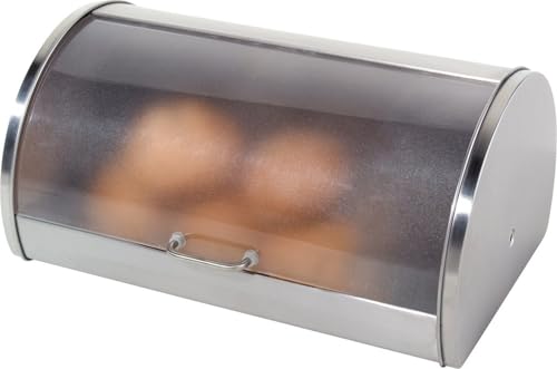 Oggi Stainless Steel Roll Top Bread Box for Kitchen Countertop with Frosted Plexilass Lid - Fits Multiple Loaves of Bread and Other Freshly Baked Goods Including Cookies, Bagels, Muffins