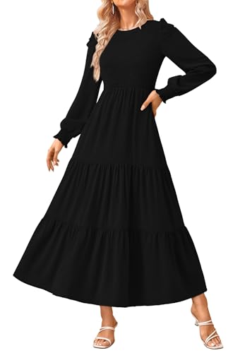 KIRUNDO Fall Dresses for Women 2025 Long Sleeve Maxi Wedding Guest Smocked Crew Neck Empire Waist A Line Flowy Long Dress(Black, Medium)