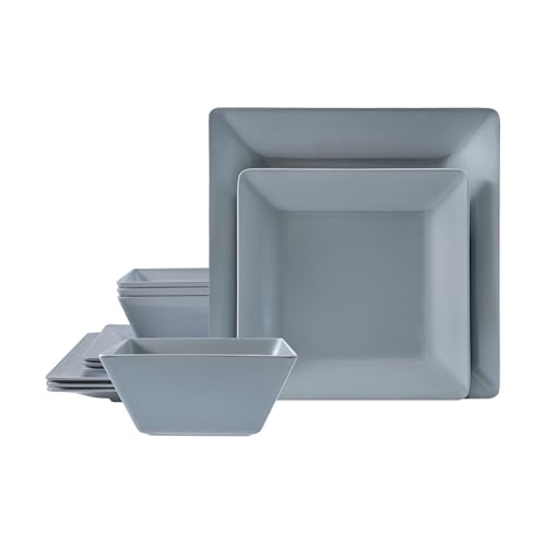TP 12-Piece Dinnerware Set, Melamine Dishes Set with Bowls and Plates, Non-breakable and Lightweight Square Dinner Set for 4, Grey