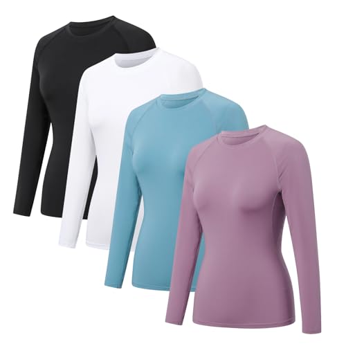 HYCOPROT 4 Pack Women's Compression Shirt Long Sleeve Workout Tops Quick Dry Baselayer Athletic T Shirt Gym Yoga Running