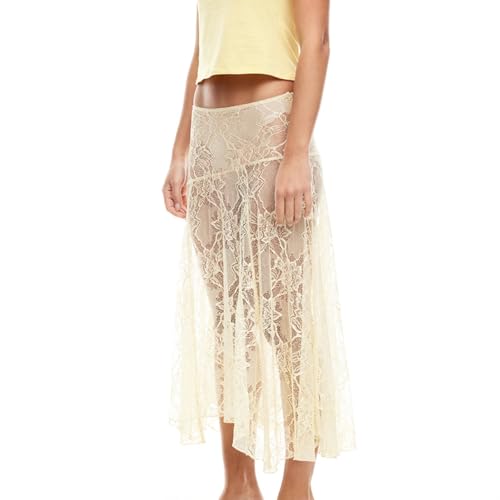 Women Lace Long Skirts Y2k Sheer Skirt Irregular Asymmetrical Hem Ruffled Midi Skirts See Through Cover Up Long Skirt4