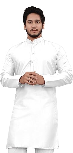 Image of Cotton Blend Full Sleeve Long Plain Kurta for Men