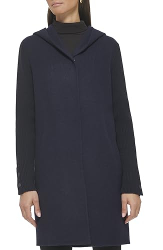 Image of Kenneth Cole Women's Hooded Double Face Wool With Hidden Snap Closure and Rib Knit Sleeve Coat