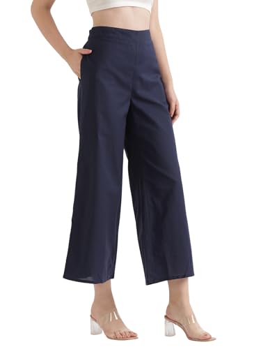 Image of SAADAA Women's Relaxed Fit Mid Rise Airy Linen Wide Leg Pants, High Waist Trousers for Formal, Casual & Office Wear