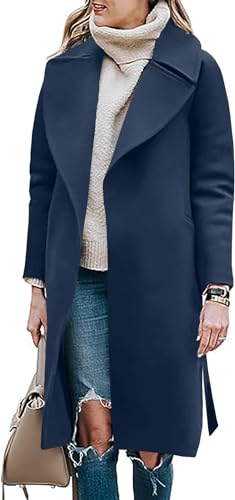 BZB Damen Lange Wollmischung Erbsenmantel Winter Casual Mantel Gekerbter Revers Kragen Trenchcoat Gürtel Lange Jacke Oberbekleidung, Dunkelblau, Medium