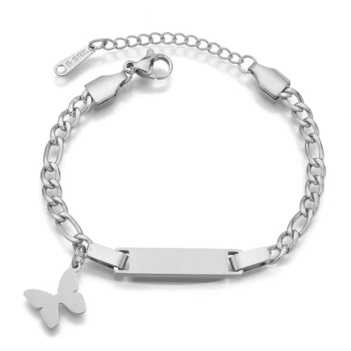JewelryWe Pulsera con nombre para niños personalizada: con colgante Corana/estrella/corazón/mariposa de acero inoxidable color dorado/plata