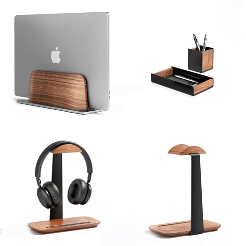 UPERGO Wooden Vertical Laptop Stand, Desk Tray and Headphone Stand
