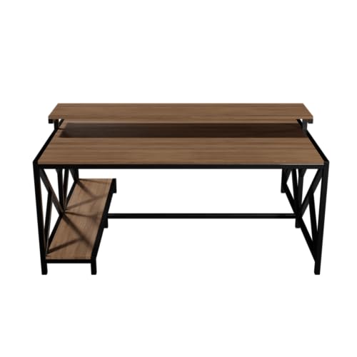 Image of Riyan Luxiwood Hammer Computer Desk with Monitor Stand | MDF Wood Top & Powder-Coated Metal Frame | Spacious Workstation with Professional Assembly Included.