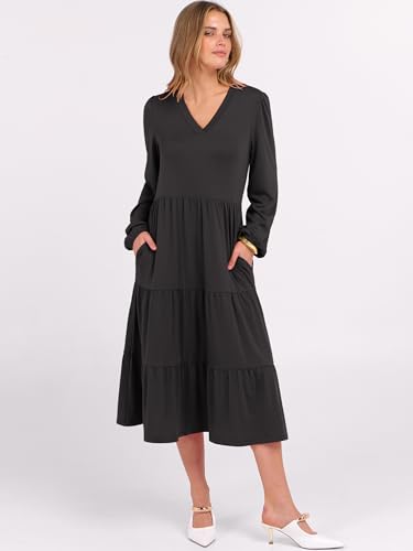 ANRABESS Women's Long Lantern Sleeve Floral Midi Dresses 2025 Fall V Neck Casual Flowy A-line Tiered Boho Vacation Long Dress3