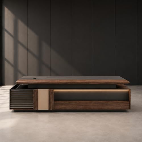 Image of Premium Executive Office Desk with Side Storage Unit, Modern CEO Manager Table in Dark Walnut Finish for Luxury Office Cabin & Contemporary Workspace (LDL-796 MDFL L8W3)