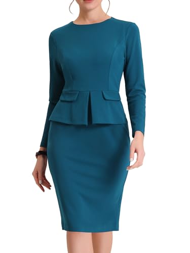 Image of Allegra K Women's Bodycon Dresses Round Neck Long Sleeve Casual Work Outfits Peplum Sheath Dress