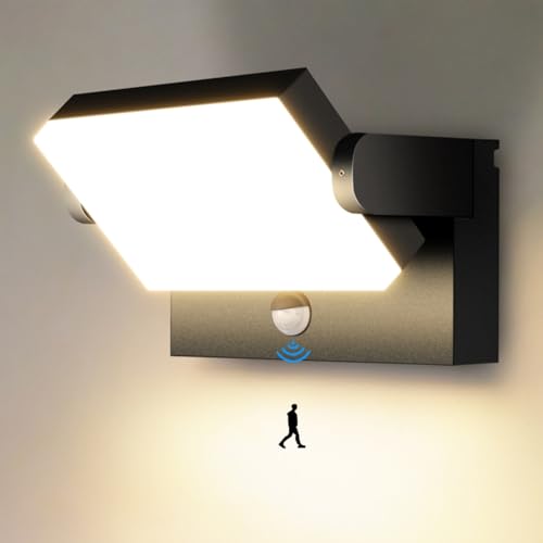 Kingwen Applique da Esterno/interno Faretto LED con crepuscolare/di movimento, lampada pannello LED ruotabile a 360° Bianco Caldo, IP65 40W 3000K