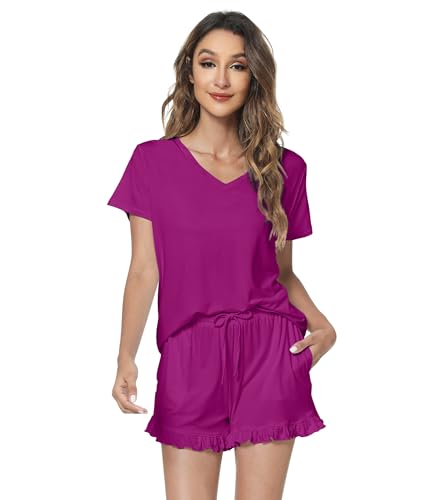 Image of WiWi Womens Pajamas Set Bamboo Viscose Super Soft Short Sleeve Top Ruffle Shorts Sleepwear Cooling Pj Sets S-XXL