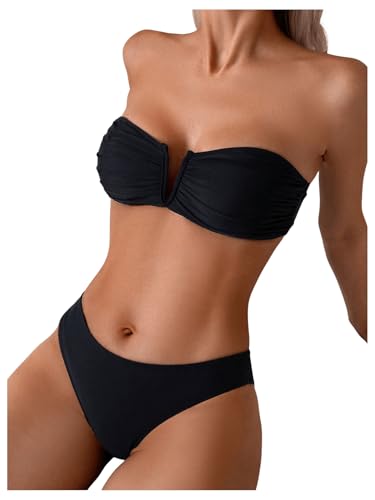 SHENHE Women's Strapless Swimsuit 2 Piece Ruched V Cut Bandeau Tube Top Bikini Set4