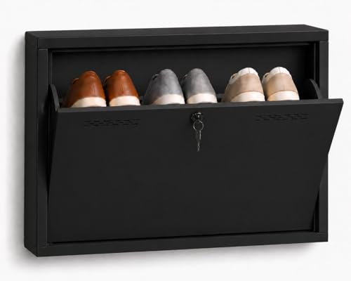 Image of Metal Shoe Cabinet with Doors and Lock, Wall Mount Shoe Rack, Space Saving Organiser Stand for Home (Black & White, 1 Door Rack)