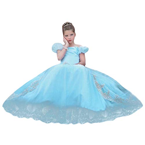 Fancy Dress Kids Girls Off Shoulder Puff Sleeve Princess Costume Pageant Cosplay Party Dress Up Clothes for Little Girl (Blue, 3-4 Years)