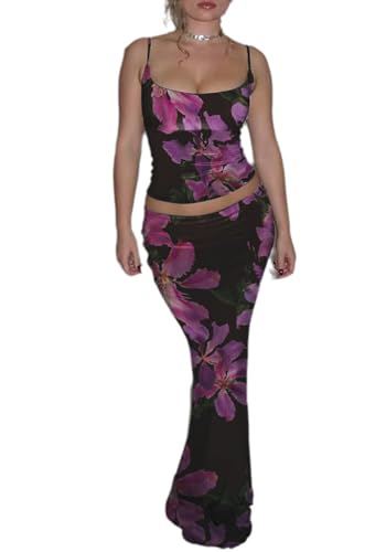 Wuitrie Women Two Piece Maxi Skirt Set Floral Print Cami Tops Wrap Maxi Skirts Y2K Beach Outfits
