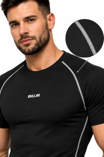 Image of BULLAR Men's Polyester Blend Compression T-Shirt, Half Sleeve Athletic Sports Tight, Crew Neck, Slim Fit Tshirt for Fitness and Workout