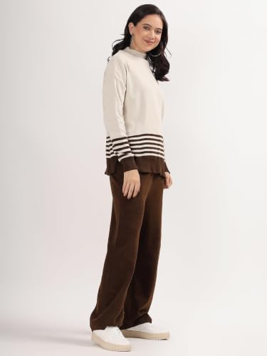 Image of Kvetoo Women Winter Coord Set Wool Blend Tracksuit High Neck Sweater and Wide Leg Pants Warm Knitwear Pyjama Set for Casual Office Travel Wear