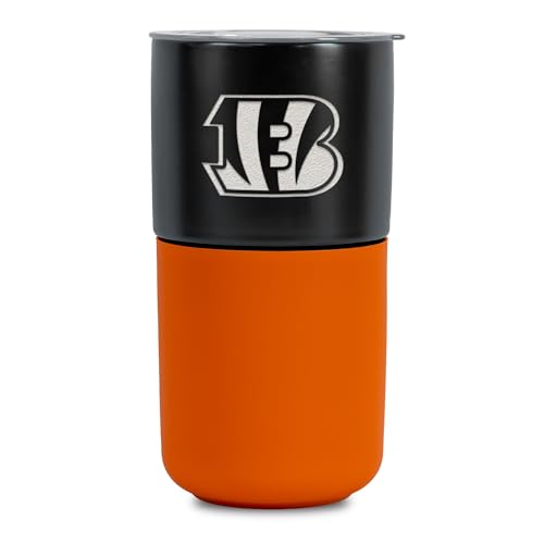 Rico Industries NFL Cincinnati Bengals 16oz Black Ceramic Tumbler with Orange Silicone Grip, Deep Laser Engraved Logo, Travel Coffee Mug with Slide Lid, Matte Glaze
