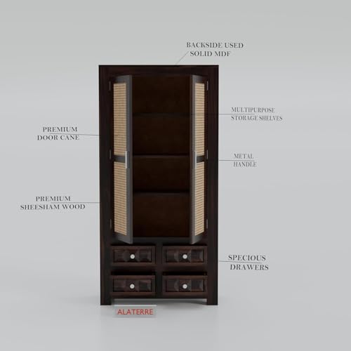 Image of Wooden Storage Cabinet with Cane Doors & Drawers | Tall Solid Wood Wardrobe Cabinet with 2 Doors & 4 Drawers (Walnut Finish)