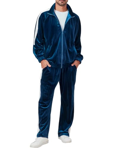 Ragelion Mens Tracksuit 2 Piece Velour Sweatsuit for Men Casual Full Zip Jogging Suit Jacket Pants Set (US, Alpha, Large, Regular, Regular, Navy Blue)
