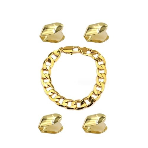 4 Pcs Gold Plated Gold Tooth Cap and Cuban Link Bracelet for Men Hip Hop Teeth Accessories Plain Single Tooth Cap for Teeth Mouth Realistic Fake Teeth Grills for Party Open Face Front Tooth Caps