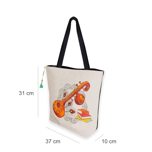Image of Hand-Printed Tote Bag with Classical Design-Reusable, Zipper Closure For Women & Girls