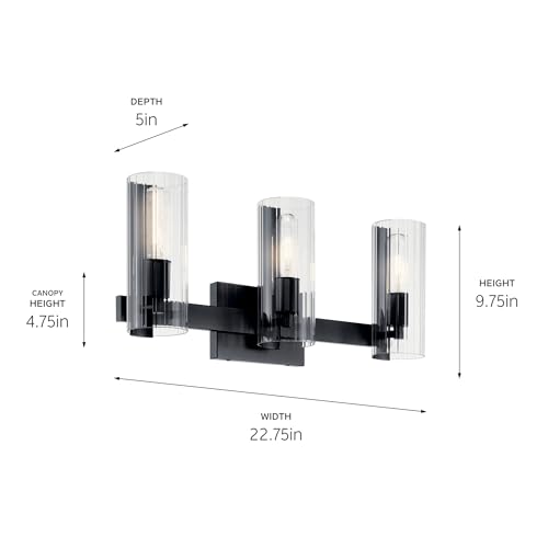 Image of Kichler Jemsa 3-Light Bathroom Vanity Light Fixture, Modern Wall Mount Light with Clear Fluted Glass in Black for Bathroom or Powder Room (9.75 inch x 22.75 inch), 55168BK