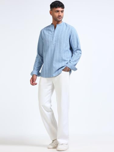 Image of StitchX Men's Seersucker Band Collar Pure Cotton Striped Kurta Shirt-S-2XL