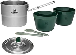 Stanley Adventure Stainless Steel Camping Cooking Set for Two 1.0L / 1.1 QT with Bowls and Sporks - 6 Piece Camp Cook Set - Stainless Steel Pot with Lid - Cookware for Backpacking and Camping