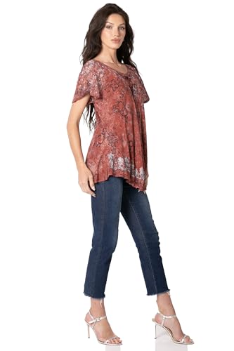 Image of Sakkas Ash Speckled Tiedye Embroidered Cap Sleeve Blouse Top with Embroidery Hems
