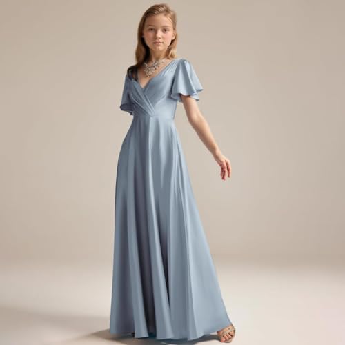 Junior Girls Bridesmaid Dress for Wedding Satin Short Sleeve Flower Girl Dresses for Teen2