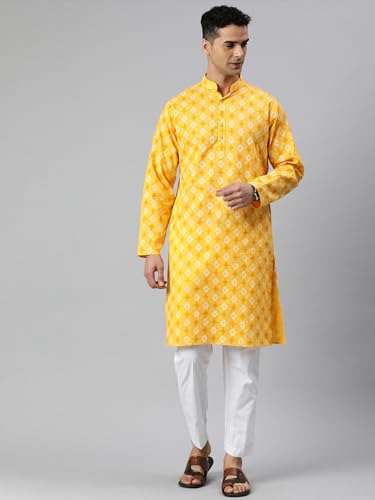 Image of Majestic Man Men's Cotton Regular Fit Casual Mandarin Collar Ethnic Motifs Printed Long Regular Kurta