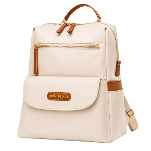 Bolsa Mochila Feminina 3 em 1 Pavão de Ouro Universitária com Alça de Ombro Bolso Antifurto Nylon Impermeável - Bege