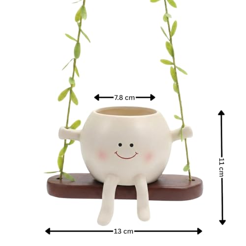 Image of KSV Enterprises Decorative Hanging Planter Pot with Swing Shelf, White Resin Smiling Face Design, Indoor Garden Decor for Artificial Flowers