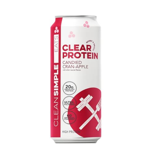 Clean Simple Eats Clear Protein Water, 20G Grass Fed Whey Protein, Ultra Filtered, Light & Refreshing Beverage, Low Lactose, No Artificial Ingredients, Candied Cran-Apple Flavor, 16 Oz Cans, 12 Pack