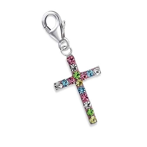 Charms Anhänger für Bettelarmband 925 Echt Silber Kinder Mädchen Damen Sterlingsilber (Kreuz CZ-Multi 17x10mm)