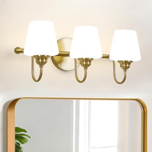 Image of LASENCHOO 3 Lights Bathroom Vanity Light Vintage Bathroom Lighting Fixtures Over Mirror, Brass Wall Sconce Modern Wall Lights for Bedroom Living Room Hallway with Milky Glass Shade, E12 Socket