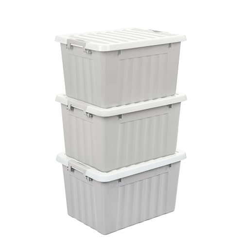 Cetomo 15L*3 Cajas de Almacenamiento con Tapas, Contenedores de Plástico con Broches de Enganche, Clip On, Apilables, Encajables, Organizador Rayado para Ropa Juguetes Armario, Gris, 15L-3 Pack