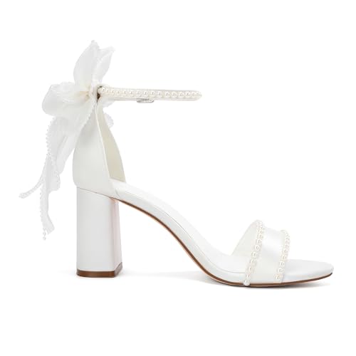 Wedding Block Heel Sandals, Pearl-Trimmed White Satin, Bow Back Detail, Ankle Strap,3 Inches4