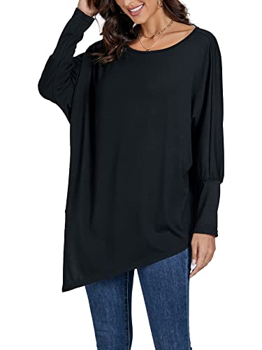 Lyaner Women's Boat Neck Asymmetrical Hem Bat Long Sleeve Split Loose Tunic T-Shirt Top Navy Blue Small #TOP3