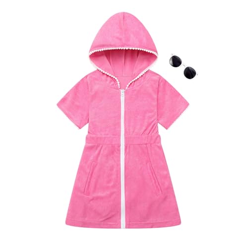 Girls Swim Cover Up Kids Beach Swimsuit Coverup Terry Zip-Up Bathing Suit Beach Pool Clothes with Sunglasses