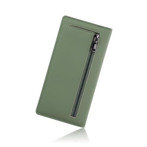 WishLotus Slim Wallet for Women, Bifold PU Leather Long Rfid Blocking Wallet Large Capacity Credit Card Wallet with ID Window Coin Zip Pocket Credit Card Holder for Men (Green)