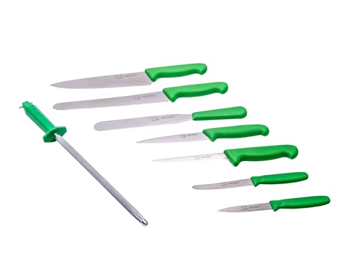 THE SMITHFIELD 8-Piece Professional Chef Knife Set with Canvas Roll-Up Wallet – Stainless Steel Blades, Durable Polypropylene Handles – Perfect for Culinary Students, Beginner Chefs – Green Handle