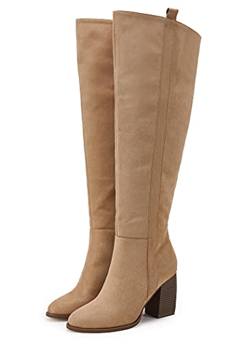 Seraih Womens Over The Knee Thigh High Boots Faux Suede Pointed Toe Side Zipper Chunky Block Heel Stretch Boots thumb #4