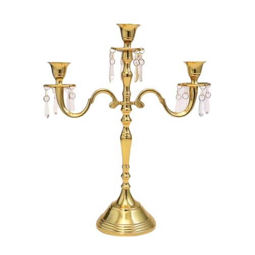 Image of Premium 16 Inch Golden Aluminum 3-Arm Candle Stand with Crystal Hangings | Luxury Centerpiece for Home Decor, Weddings, Festive Decoration & Dining Table